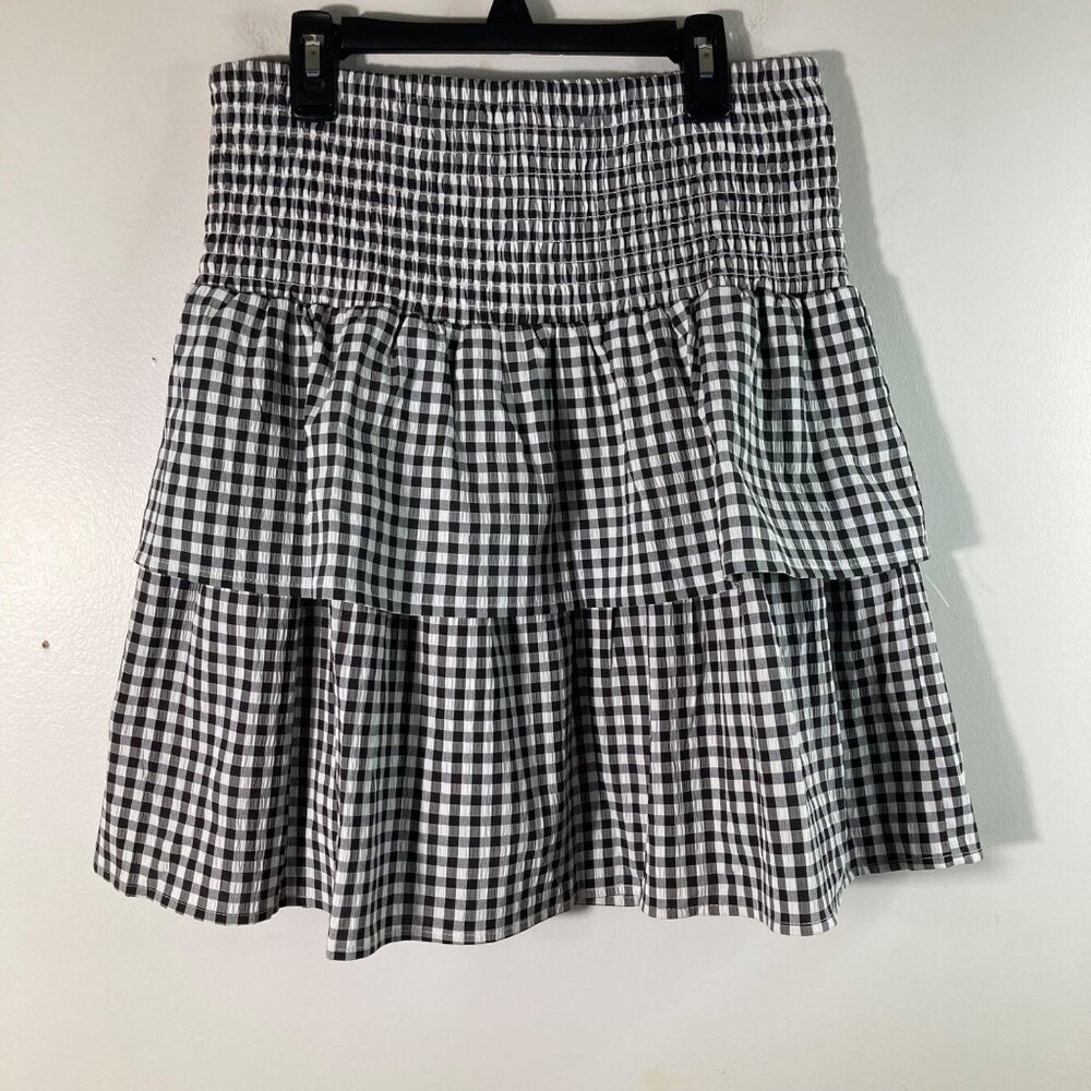 Womens Haver London Gingham Tiered Smocked Skirt‎ Black White L Lined